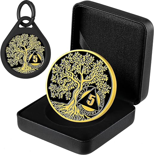 LuluCircle Gold Plated Sobriety Coin with Twisted Tree of Life Design - AA Chips and Alcoholics Anonymous Gifts - Perfect for Celebrate Recovery and Sobriety Gifts